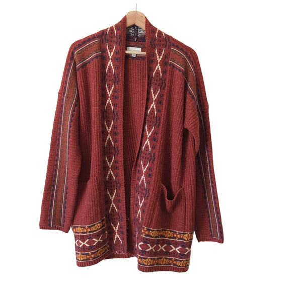 Lucky Brand Cardigan Sweater Womens Large Aztec Southwest Western Clay Pockets - Picture 1 of 6